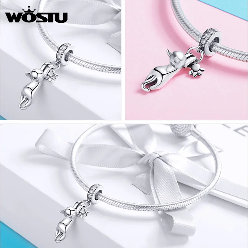 WOSTU Copper Beads Cubic Zirconia Charm Heart Cat Dream catcher Pendant Fit Original Bracelet DIY Necklace Jewelry Accessories