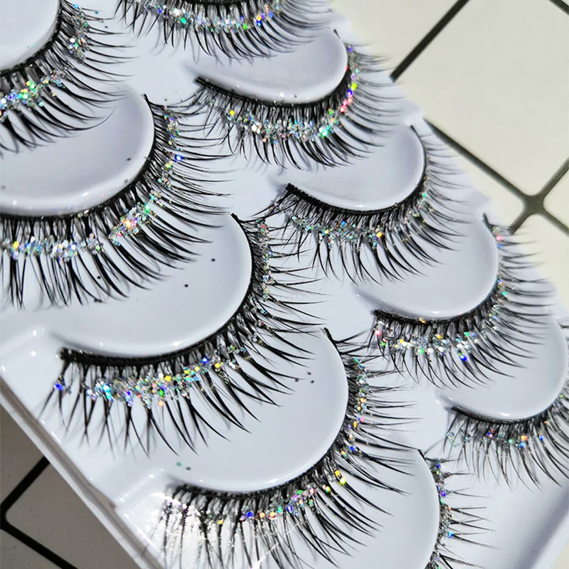 5Pairs Handmade Eyelashes Silver Glitter Thick Fake Eyelashes Beauty Makeup Stage Performance Latin High Quality False Eyelashes