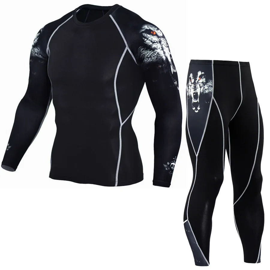 Mens Sports Suits Compression Shirt Pants Set Long Sleeve Fitness Training MMA Bodybuilding Clothes Quick Dry Running Sportswear