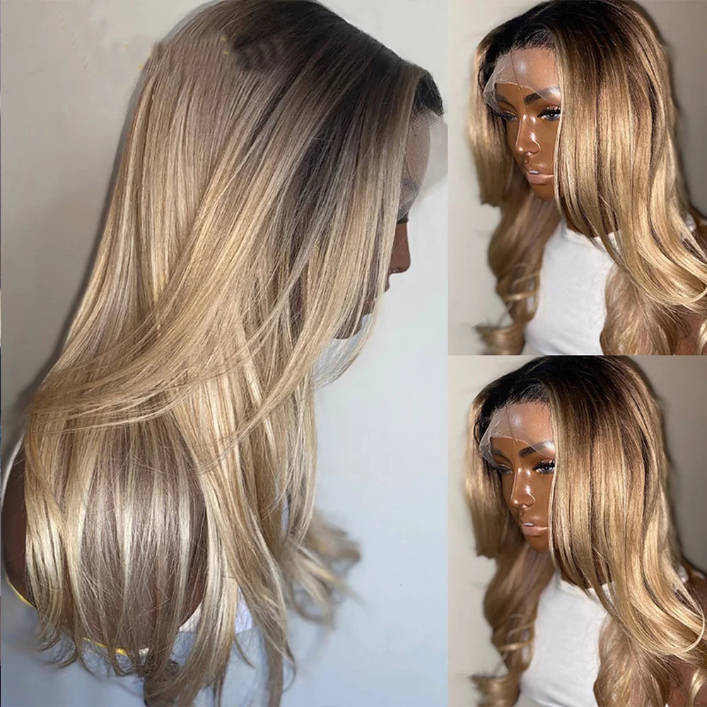 

Human Hair Wigs 150% Density Ombre Blonde Pre-Plucked Lace Front Wig 13x4 Lace Frontal Wig 6TGrey Golden Color Transparent Lace