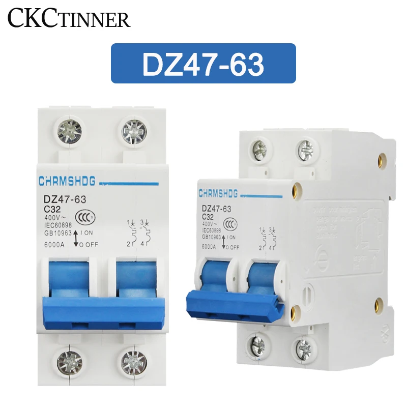 DZ47-63 2 Pole 6A/10A/16A/20A/25A/32A/40A/50A/63A 400V C Type Mini Circuit Breaker MCB 35mm Din Rail Mount Breaking Capacity 6KA