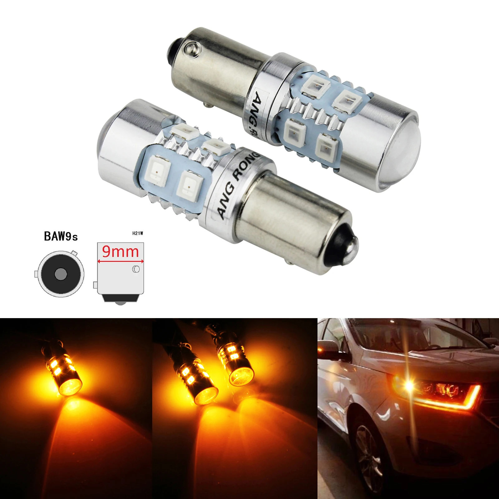 ANGRONG 2x HY21W BAW9s LED Light Amber Indicator Revese Turn Signal Light Bulb For Citroen C4 Grand Picasso