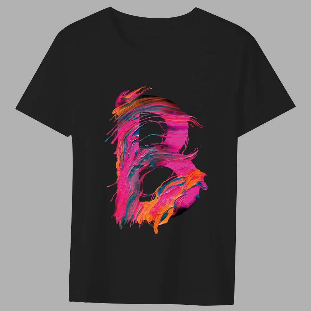 Fashion T-shirt Black Men\'s Paint Pattern 26 English Alphabet Paint Hot Stamping Series Casual O-neck Commuter Comfortable Top