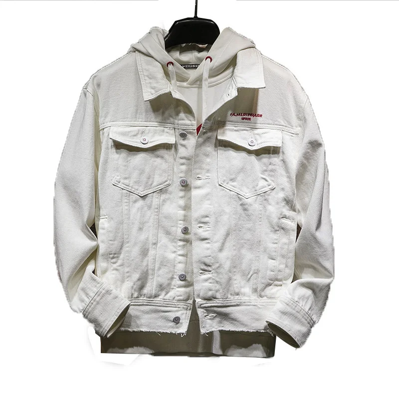 

Winter New Men's Pure White Denim Jacket All-match Trend Casual Buttons Pocket Youth Letters Printing Personality Hip Hop Coat