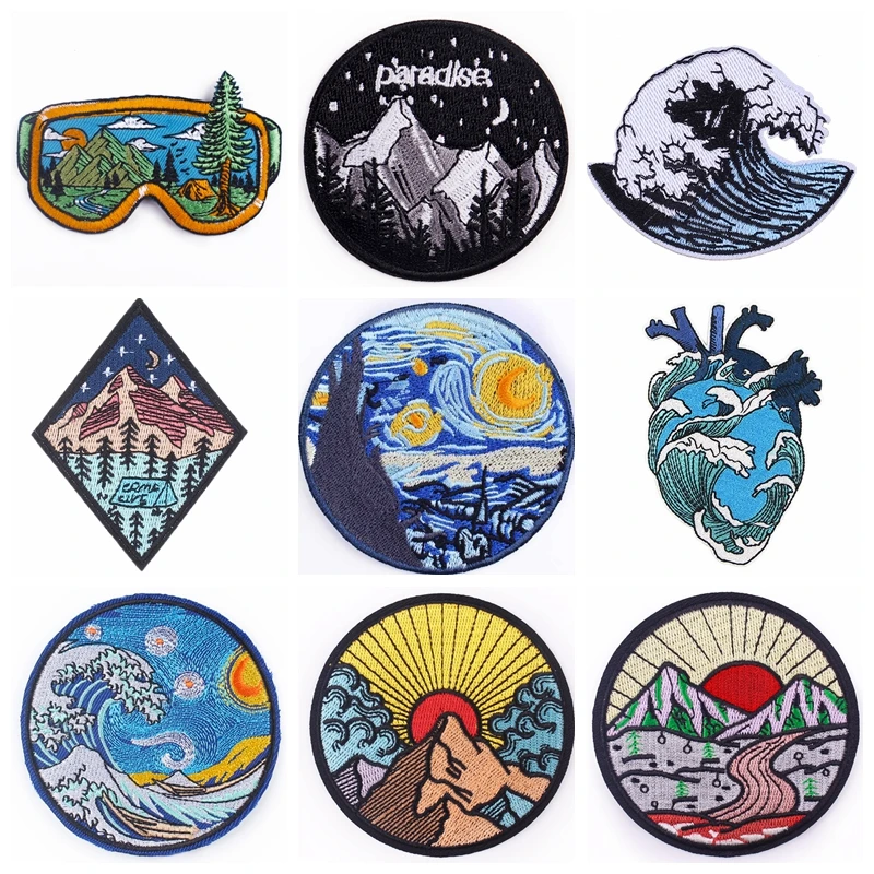 Wilderness Patch Stickers Camping Applique Embroidered On Clothes Outdoor Badge Stripe Fusible Patch Iron On Patches For Clothes