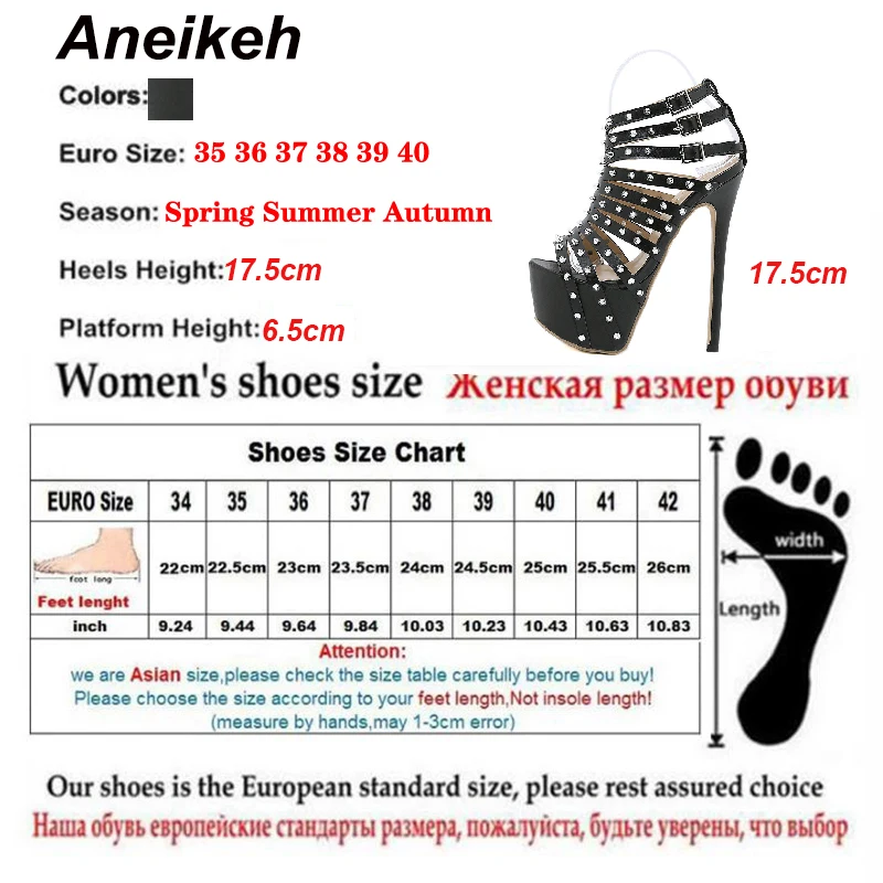 Aneikeh Gladiator Rivet Women High Sandals Summer Sexy Stripper 2024 17.5CM Thin Heels Shoes Platform Fashion Narrow Band Pumps