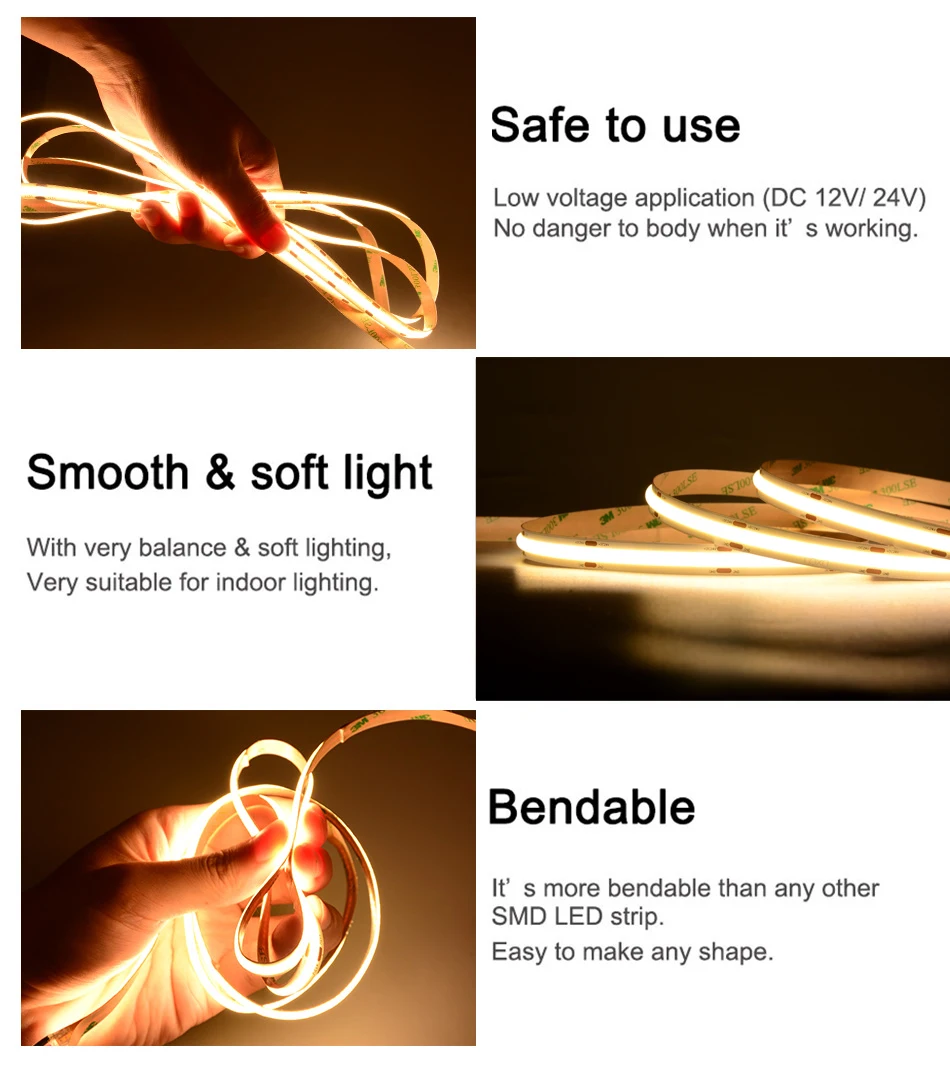 320 480 LEDs/m COB LED Strip Lights 16.4ft Flexible Tape Ribbon Lighting RA90 DC12V 24V Dimmable 3000K 4000K 6500K Led Strip