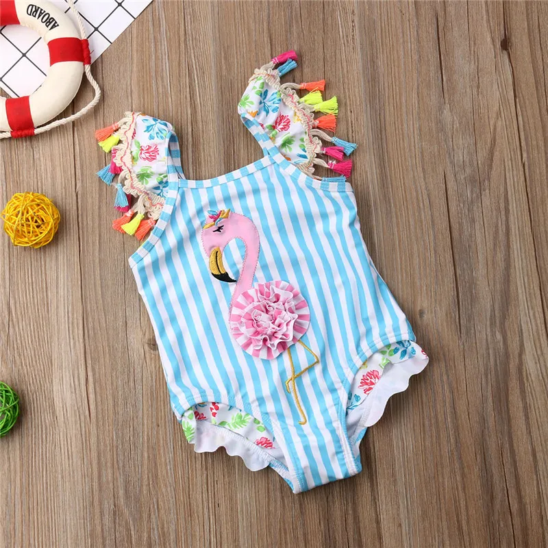 6M-5T bambini neonate Bikini fenicottero neonate costumi da bagno a righe blu nappa costume da bagno intero costume da bagno costumi da bagno