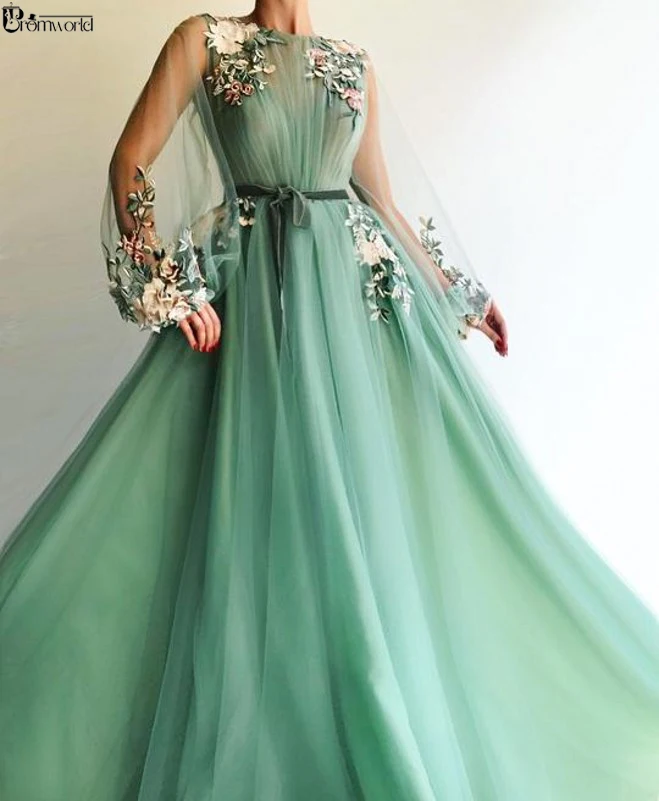 Illusion Lange Mouwen Tulle A-lijn Mint Green Prom Dresses Applique Bloemen Vestidos De Festa Longo Avondjurk