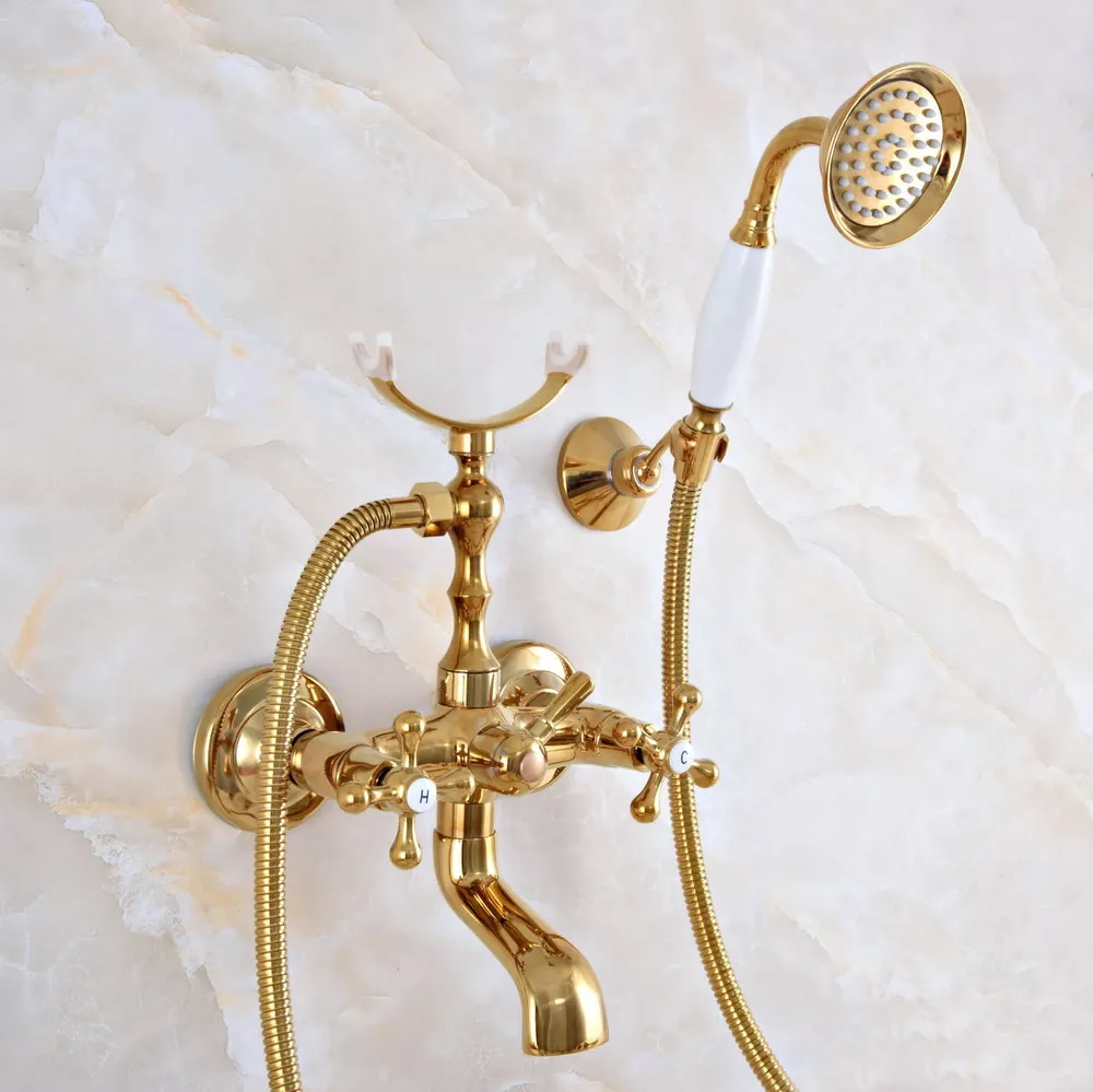 

Luxury Golden Brass Double Handle Wall Mounted Bathroom Bath Tub Faucet Set with 1.5M Hand Held Shower Spray Mixer Tap 2na922
