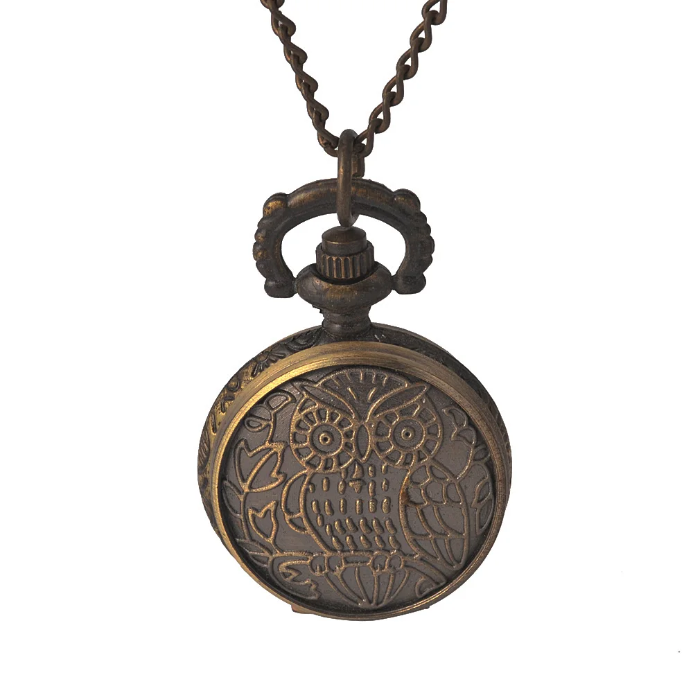 

Vintage Owl Quartz Pocket Watch with Embossed Owl Classic Pattern Bronze Pocket Watch with Necklace on Both Sides