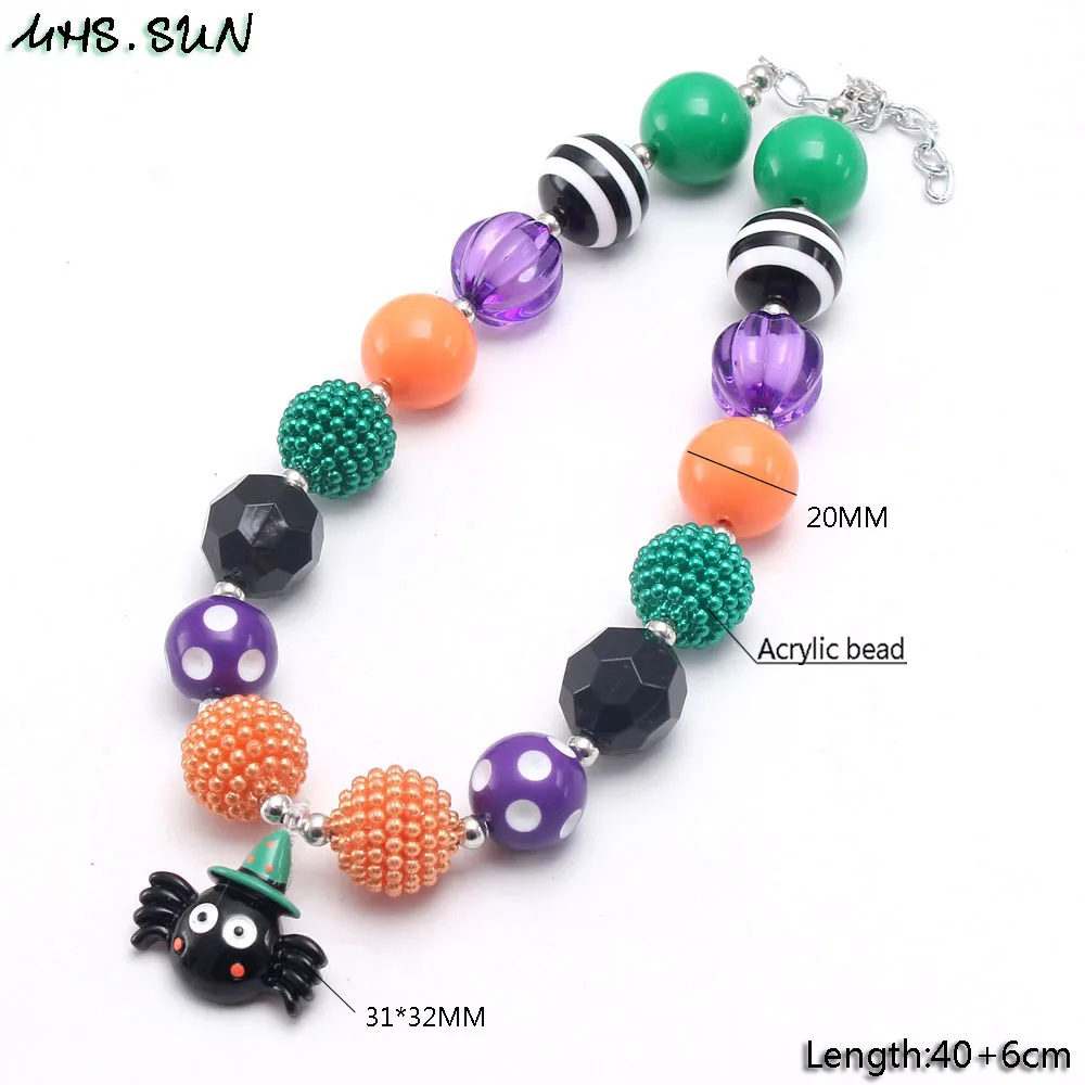 MHS.SUN New Black Spider Pendant Necklace For Children Halloween Jewelry Kids Girls Fashion Bubblegum Beaded Necklace Gift 1PC