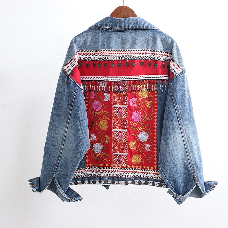 2023 Autumn Loose Embroidery Ropa Nail Pearl Cowboy Top Womens Long Sleeve Jeans Coat Girls Vintage Jean Jackets Ropa De Mujer