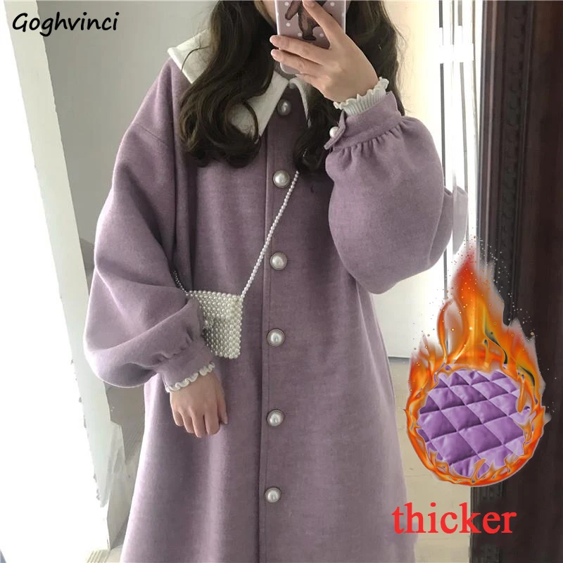 Wool Women Purple Winter Long Coat Kawaii Japanese Style Student Ruched Lantern Sleeve Sweet Harajuku All-match Streetwear Girls