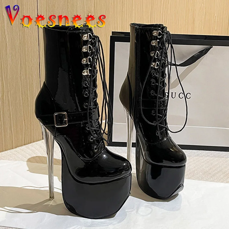 Fashion Women Shoes 19CM Super High Heel Mid-Calf Boots Plus Size Transparent Heel Short Boots Buckle Strap Zip Nightclub Heels