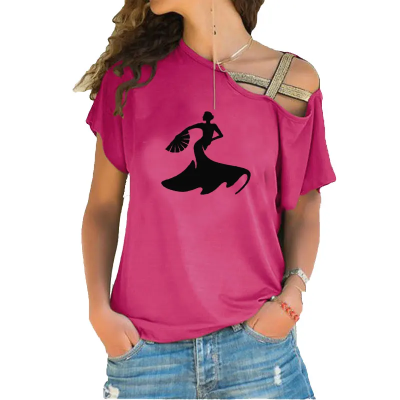 Flamenco Dance Cartoon Woman Dancer Silhouette Print Tee T-shirt Women Top Short Sleeve Female Casual Irregular Skew Cross Tops