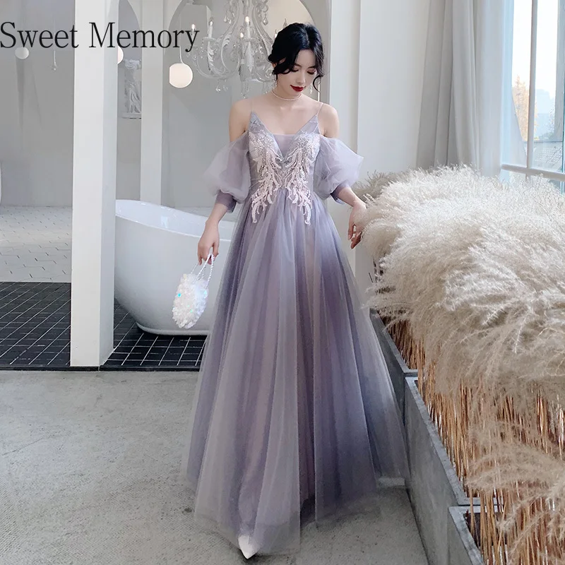 Tulle Purple Bridesmaid Dresses Women Formal Gown Three Quater Long Sleeve Plus Size Robe Soiree Girl Prom Wedding Party Dress