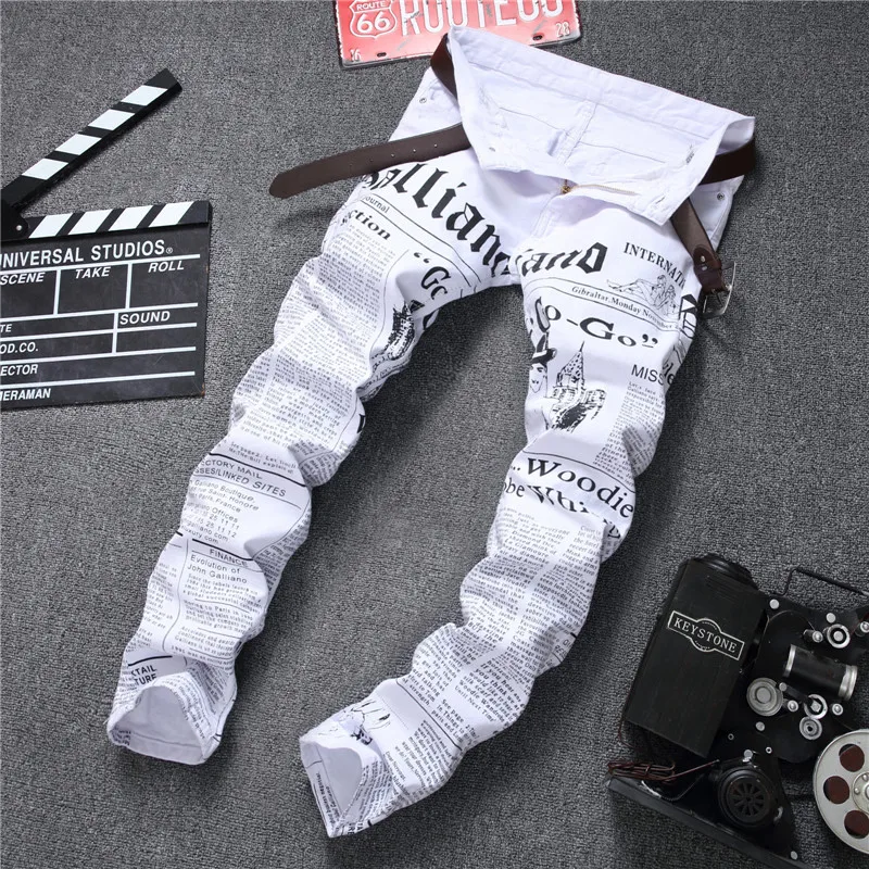 New Fashion Designer Printed Jeans Men Fashion White Denim Pants High Quality Night Club Party Dress Casual Clothes Plus Size