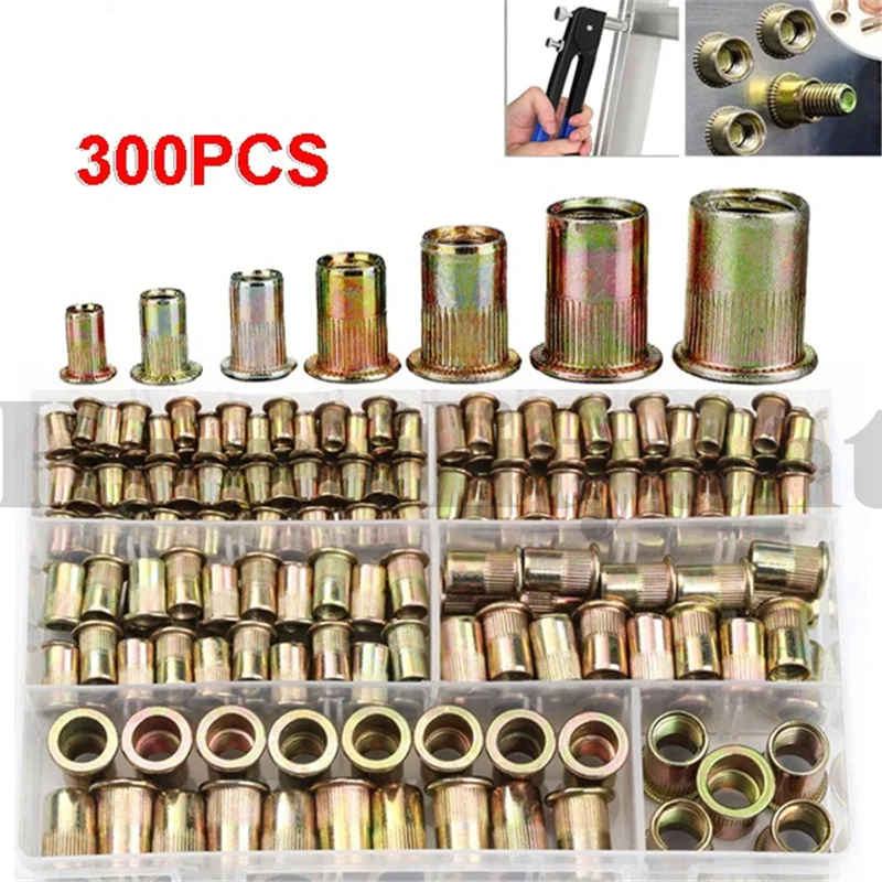 300Pcs Rivet Nuts Carbon Steel M3-M12 Flat Head Riveting Nut Set Hardware Insert Nutsert Kit