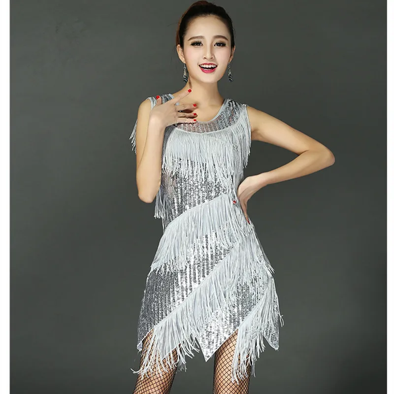 Women Latin Dance Tassel Dress Costume Crew Neck Sleeveless Allover Sequin Tiered Fringe Swing 1920s Gatsby Flapper Party Dress