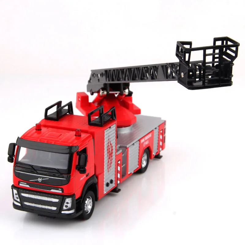 1:50 Scale Volvo Ladder Fire Engine Truck Toy Car Diecast Vehicle Model Pull Back Sound & Light Educational Collection Gift Kid