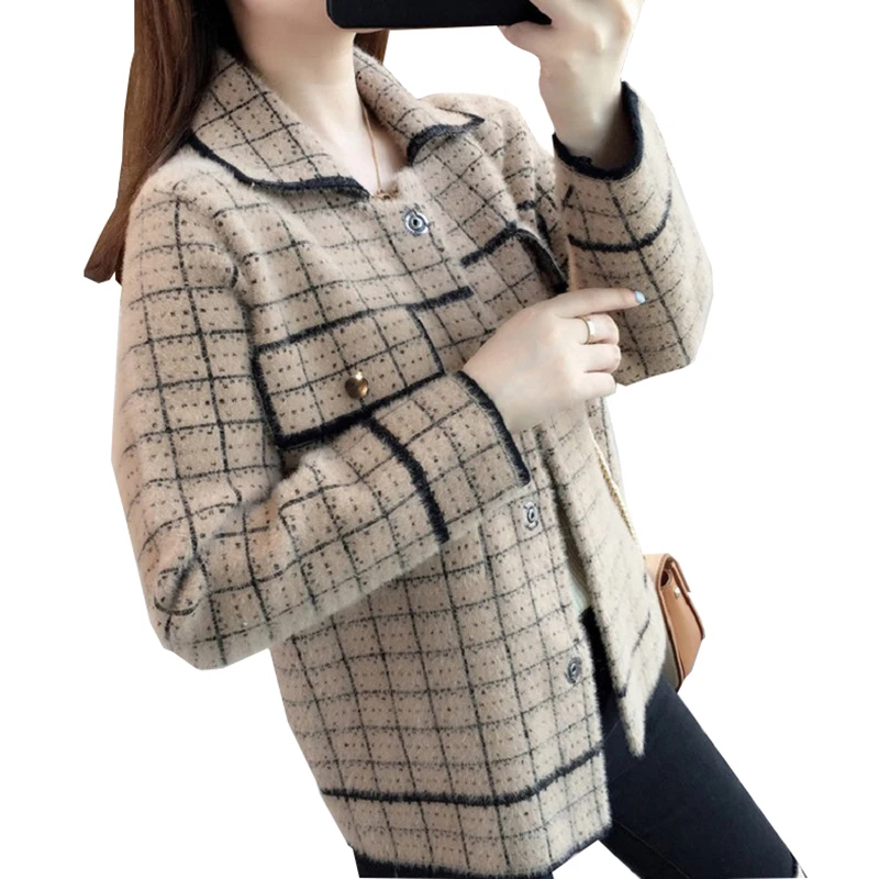 Autumn Women's Jacket 2021New Mink Fleece Coat Outerwear Ladies Sweater Cardigan Overcoat Jacket Warm Plaid Spring Female Jacket