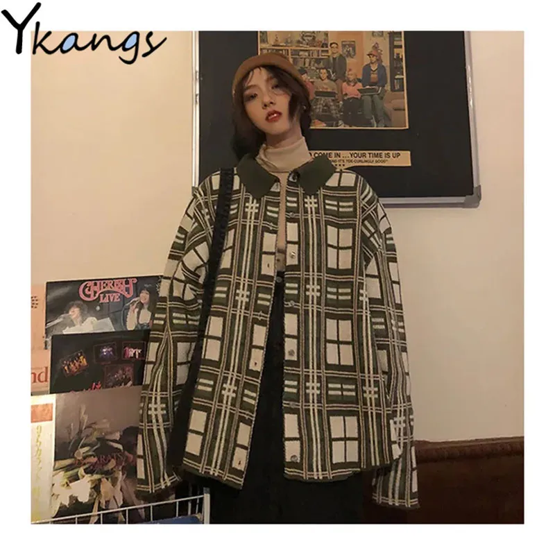 

Fashion Striped Checkered Single-breasted Cardigan for Women Korean All-match Lapel Knitted Jacket Fall Casual Warm Ladies Top