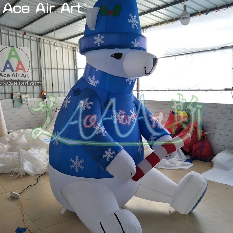 Xmas Mascot Inflatable Christmas Polar Bear with Candy Cane in Hand  and External Blower