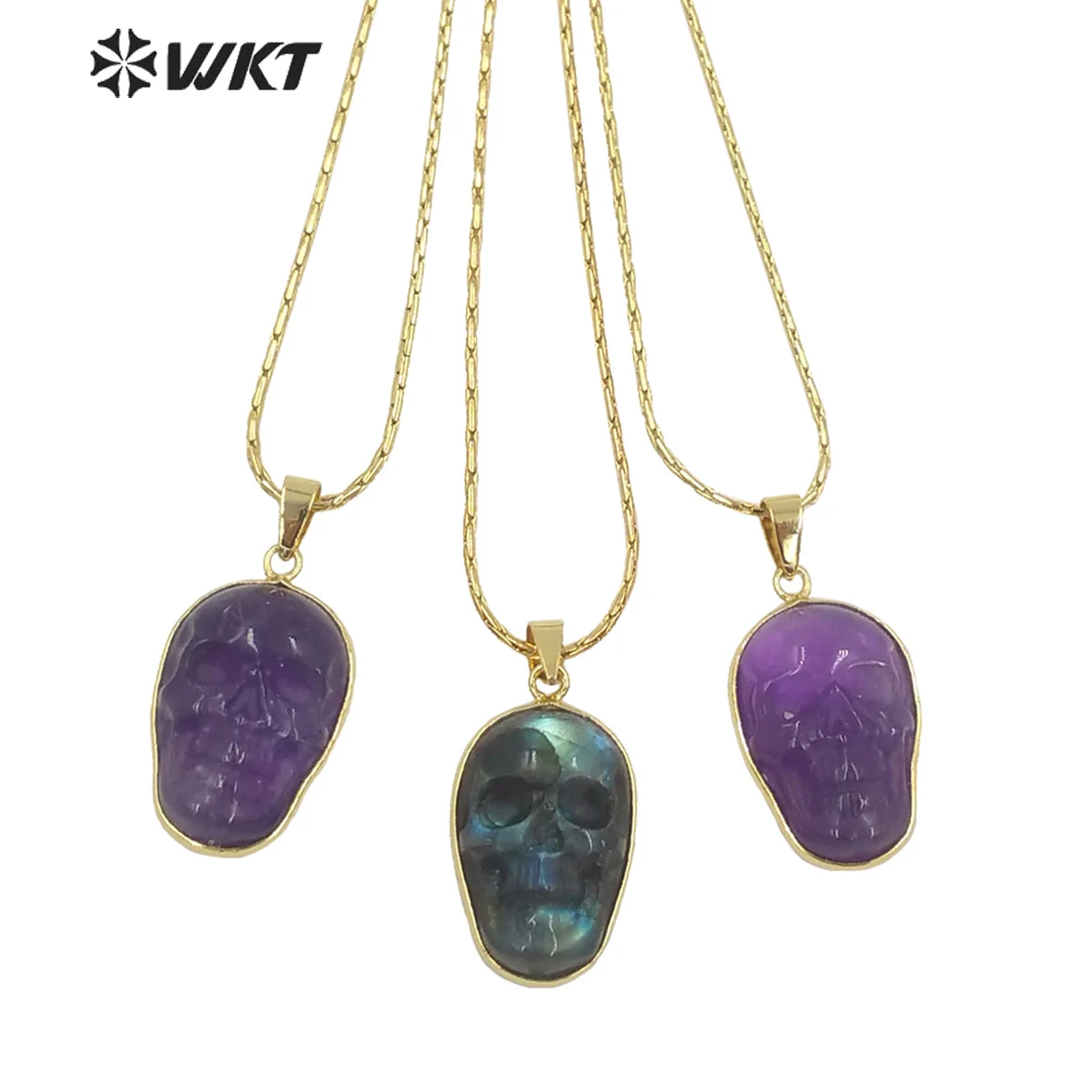 

WT-N1357 WKT Religious Natural Gemstones Person Cranial Head Shape Amethysts Necklace Skull Style Labradorite Pendant Necklace