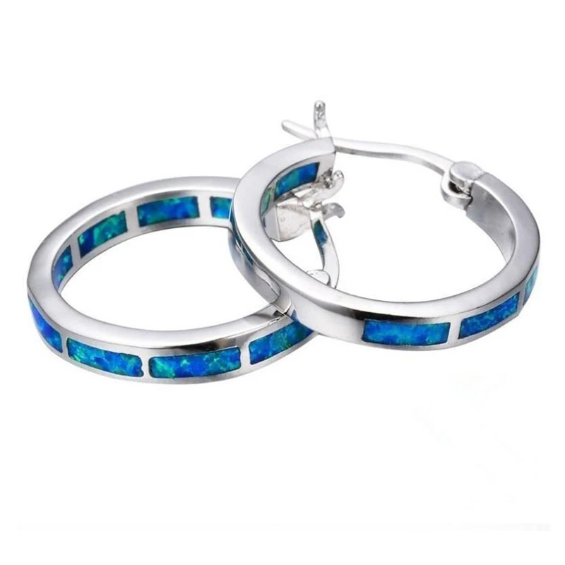 Women Classic Earring Wedding Fashion Jewelry Blue Fire Opal Hoop Earrings 1 Pair