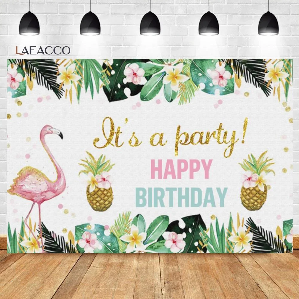 

Laeacco Happy Birthday Photography Backgrounds Tropical Green Leaves Flowers Flamingo Baby Shower Backdrops For Photo Studio