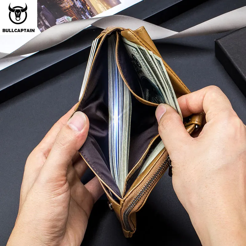 BULLCAPTAIN Leather Men\'s Wallet Double Coin Purse Small Mini Card Holder Pocket Business Wallet QB 057