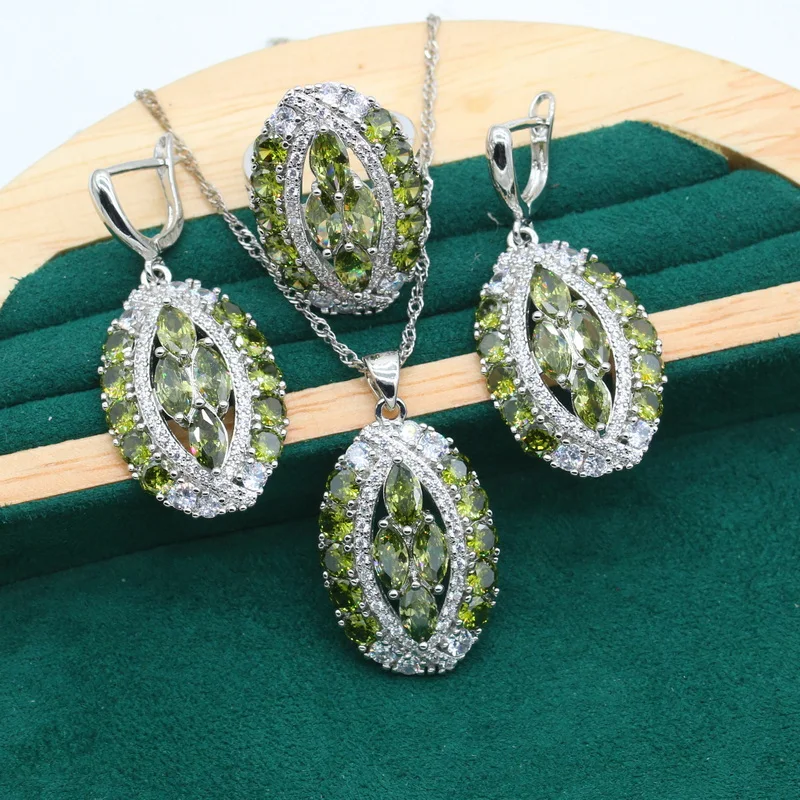 Olive Green Stone Silver Color Jewelry Set for Women Wedding 4 Colors Bracelet Earrings Necklace Pendant Ring Birhday Gift