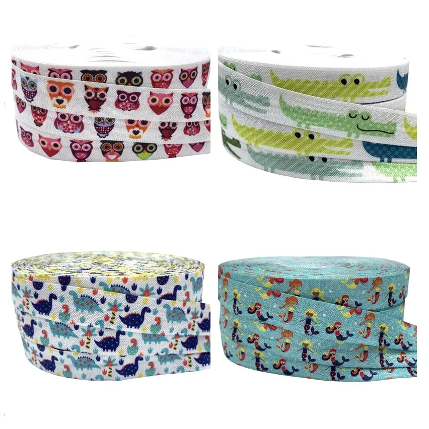 

5/8"16mm Owl Dinosaur Mermaid Printed Fold Over Elastic Ribbon DIY Pack Stuffs Hair Band Making Accessories 10Yards/lot