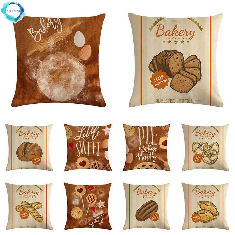 Cartoon Graffiti Delicious Food Printed Cushion Cover Home Decorative Dining Bakery Donuts Cotton Linen Pillow Cover 45X45CM