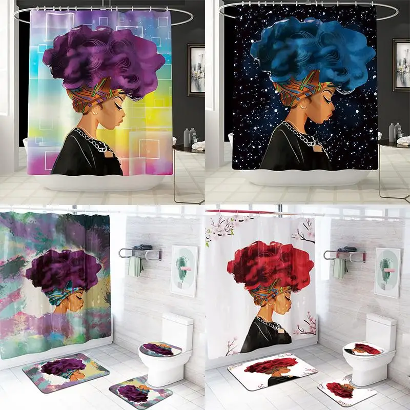 Afro Women Art Shower Curtain Print Waterproof Shower Curtain Set African Women Bath Mat Bathroom Rug Shower Curtain Hooks