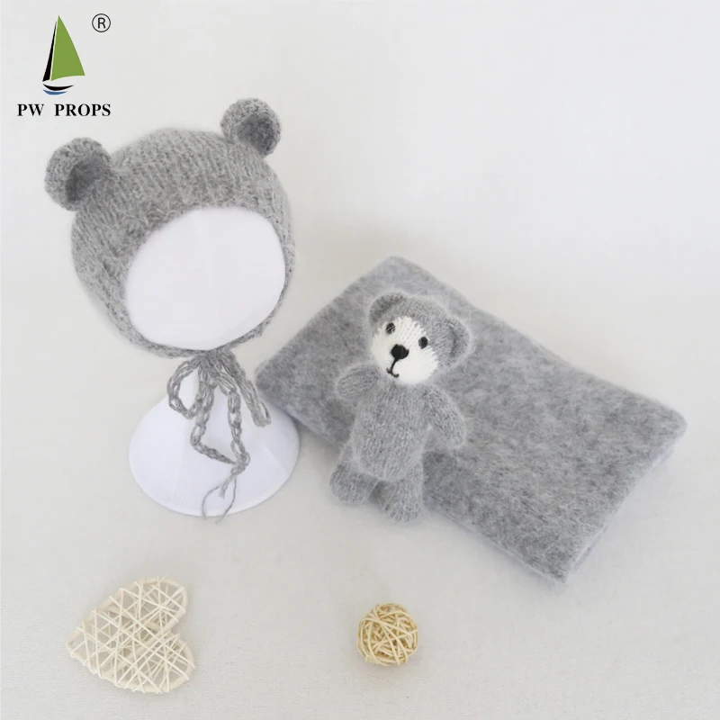 Newborn Knit Mohair Wrap Teddy Bear Bonnet And Toy Newborn Photography Props Stretch Angora Layer Fabric Filler Doll Photo Shoot