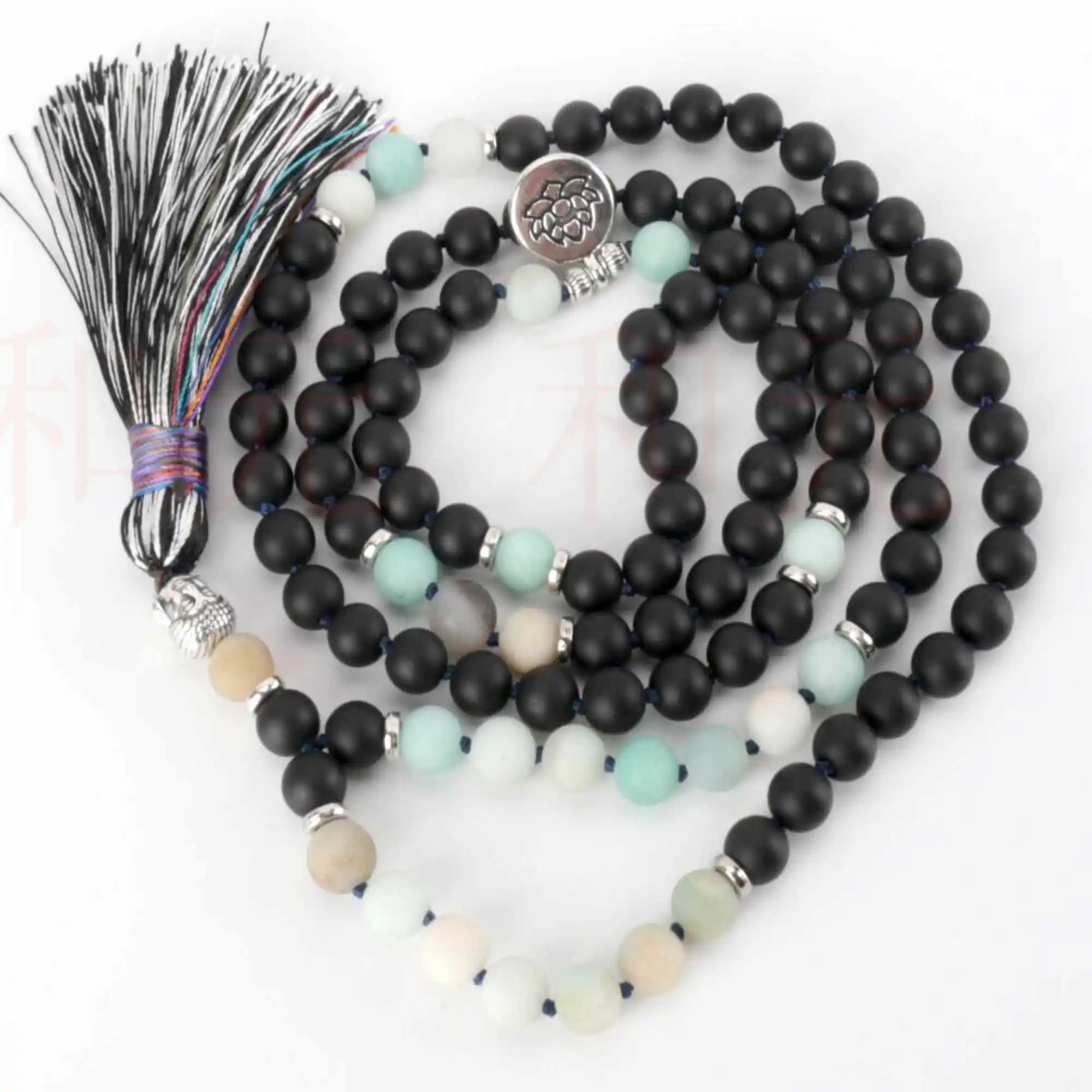 

6mm 108 knot Amazonite black agate silver necklace Beaded Taseel zazen Healing Seven Chakras Prayer Mala