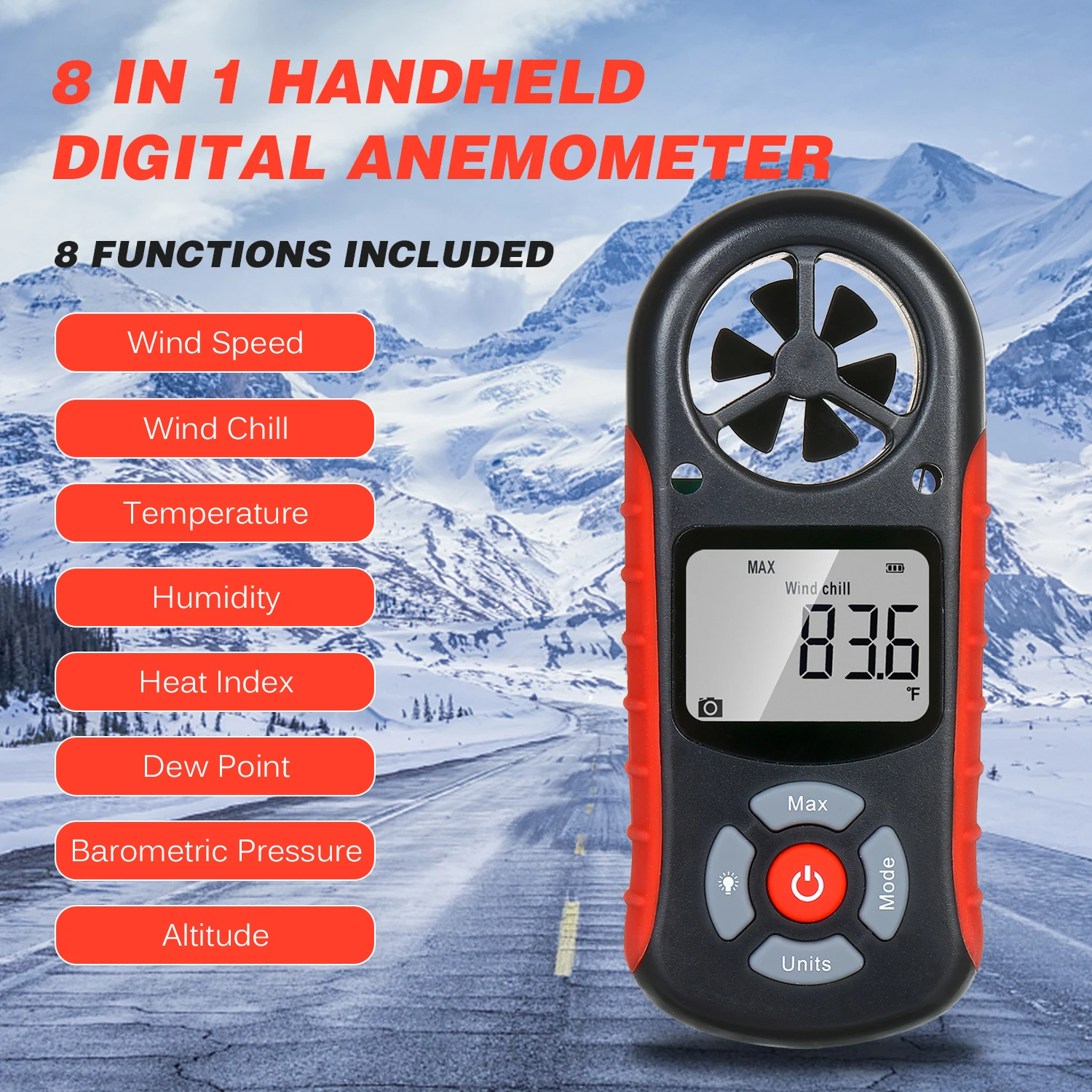 8 in 1 Digital Anemometer Handheld Wind Speed Meter for Measuring Wind Speed, Temperature and Wind Chill with Backlight LCD