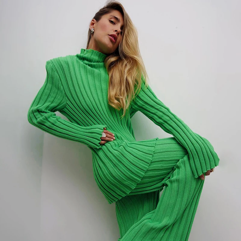 Tossy Fashion Ribbed Women\'s Turtleneck Sweater Green Long Sleeve Shrugs Knitwear Jumper Female Knitted Tops 2021 Autumn Winter