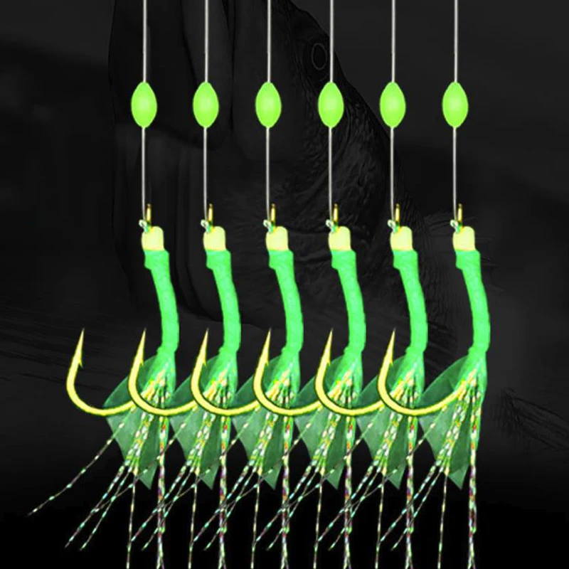 6pcs/bag Rigs Saltwater Artificial Fishing Lures Green Leather Rubber Hook Sea Bait Mackerel Pesca Tackle String Hooks Lures