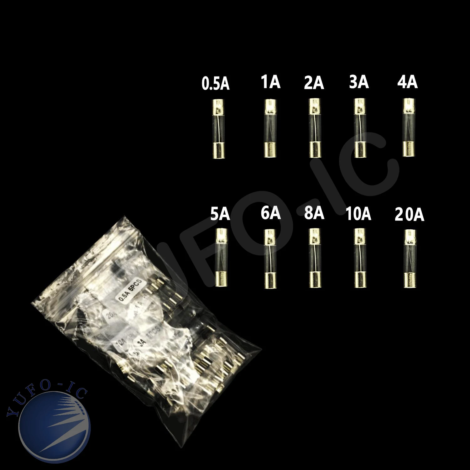 10 Values * 5pcs=50pcs Fuse Kit 0. 5A-20A 5X20mm Glass Safety Tube 1A 2A 3A 4A 5A 6A 8A 10A Assorted Pack Set 5*20mm