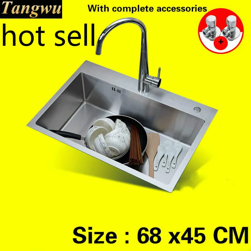 

Free shipping Hot sell Kitchen sink manual food grade 304 stainless steel 3 mm thick single slot durable 68x45 CM