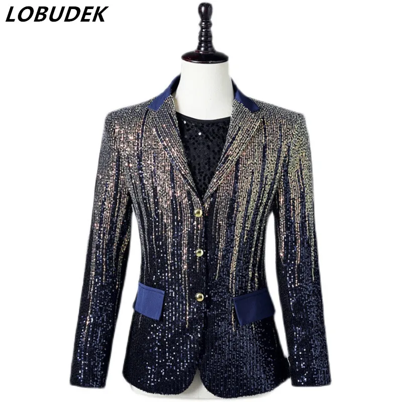 Gradient Stripe Sequin Formal Suit Coat Men's Wedding Prom Banquet Tuxedo Blazers Bar Concert Singer Host Performance Clothes