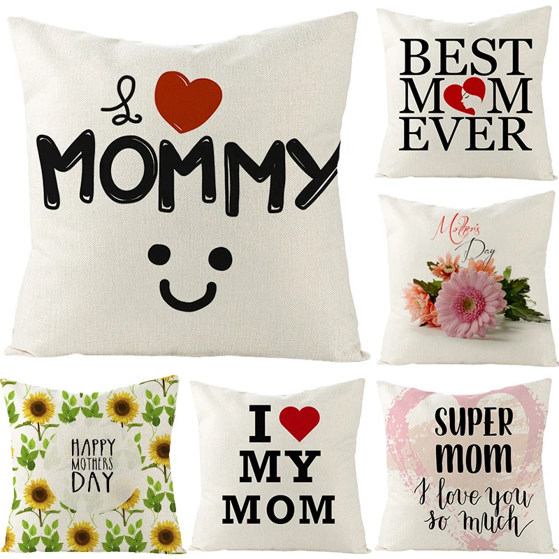 

New Mother's Day Linen Cushion Cover Square Throw Flax Pillow Case Sofa Decorative Pillow Cover Letters MOM Pattern Pillowcase