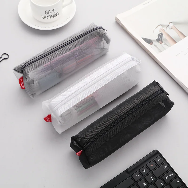 Simple Three-dimensional Transparent Mesh Pen Bag Storage Bag Student Exam  Portable Large-capacity Stationery Pencil  Bag