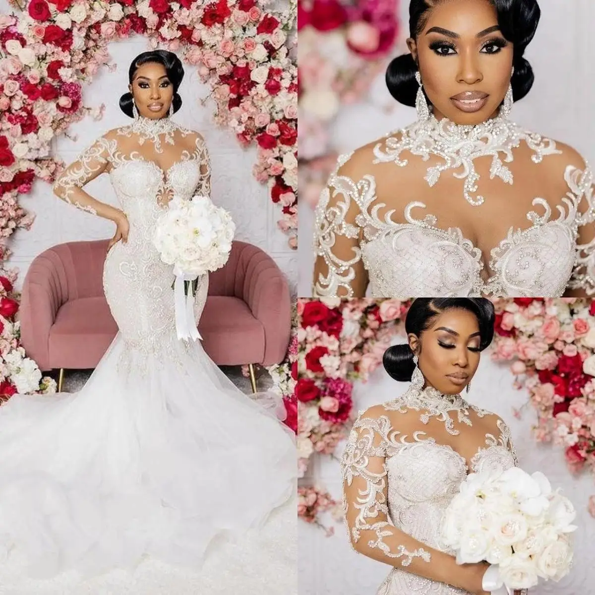 Personalizado sereia frisado vestidos de casamento 2025 sheer mangas compridas africano nigeriano trem varredura plus size vestidos de festa de noiva para