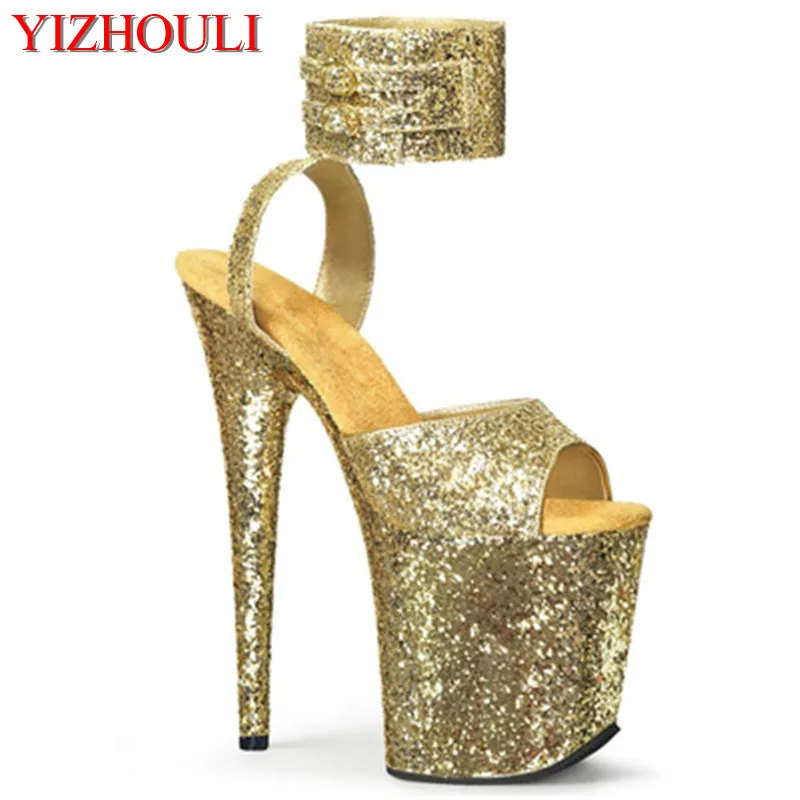 Sexy 20cm high glitter upper, 8in, stiletto heel, ankle strap buckle, club pole dancing sandals