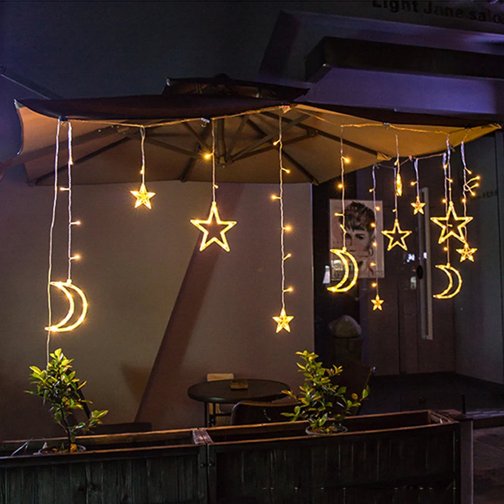 3.5M 138Leds Kerst Outdoor Solar Light Fairy Star Moon Ijspegel Gordijn Light String Voor Wedding Vakantie Tuin Tuinhuisje decor