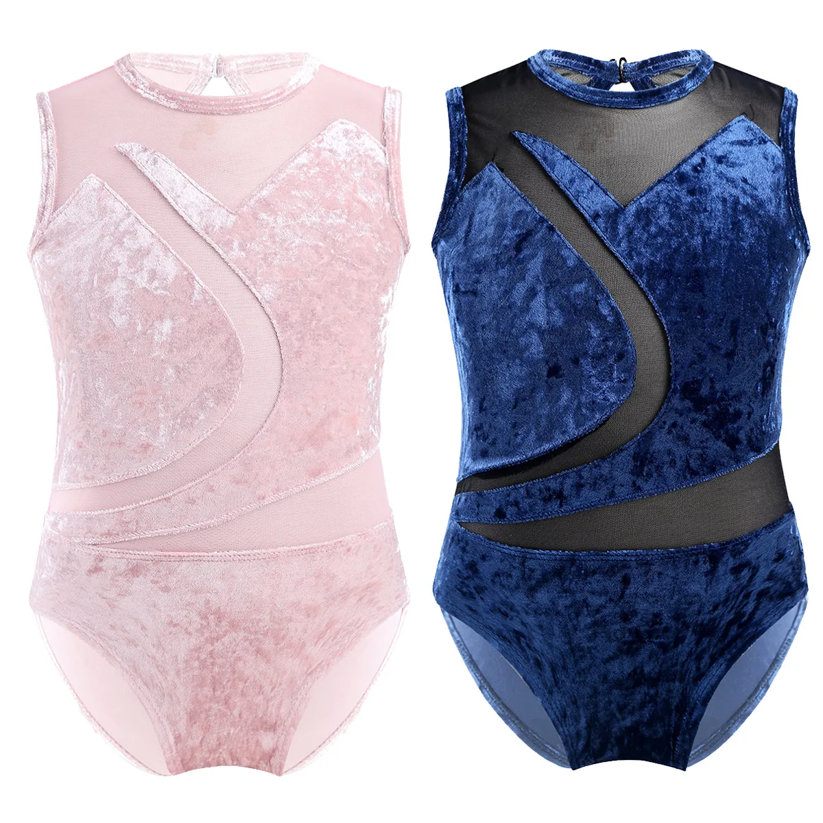 Kids Girls Soft Comfortable Pleuche Mesh Splice Cutout Back Ballet Dance Gymnastics Leotard Jumpsuit for Lyrical Ballet Dance